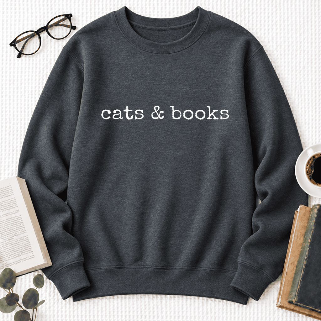 Cats & Books Softstyle Sweatshirt | Cozy Reader Gift Dark Heather