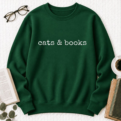 Cats & Books Softstyle Sweatshirt | Cozy Reader Gift Forest Green