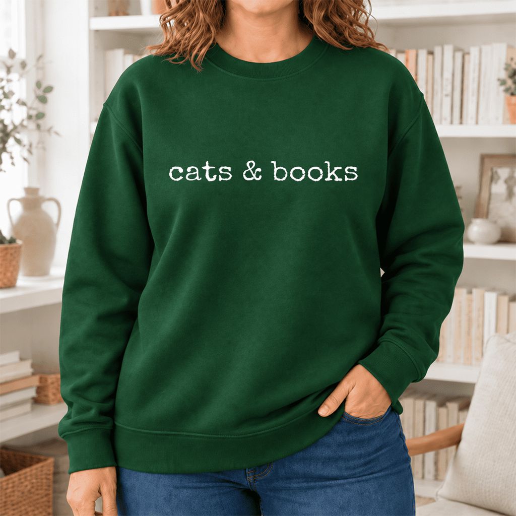 Cats & Books Softstyle Sweatshirt | Cozy Reader Gift Forest Green