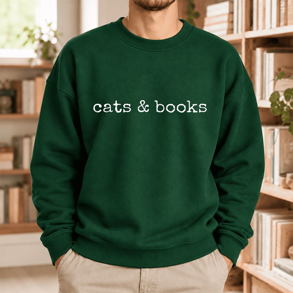 Cats & Books Softstyle Sweatshirt | Cozy Reader Gift Forest Green