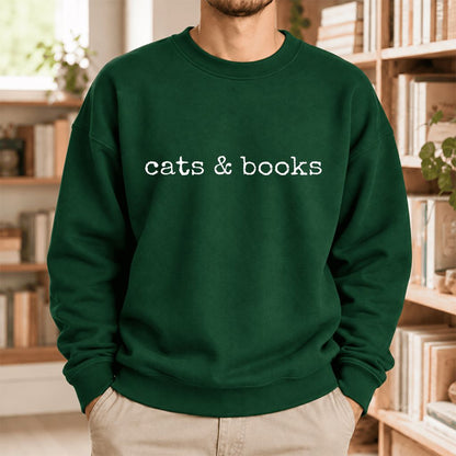 Cats & Books Softstyle Sweatshirt | Cozy Reader Gift Forest Green