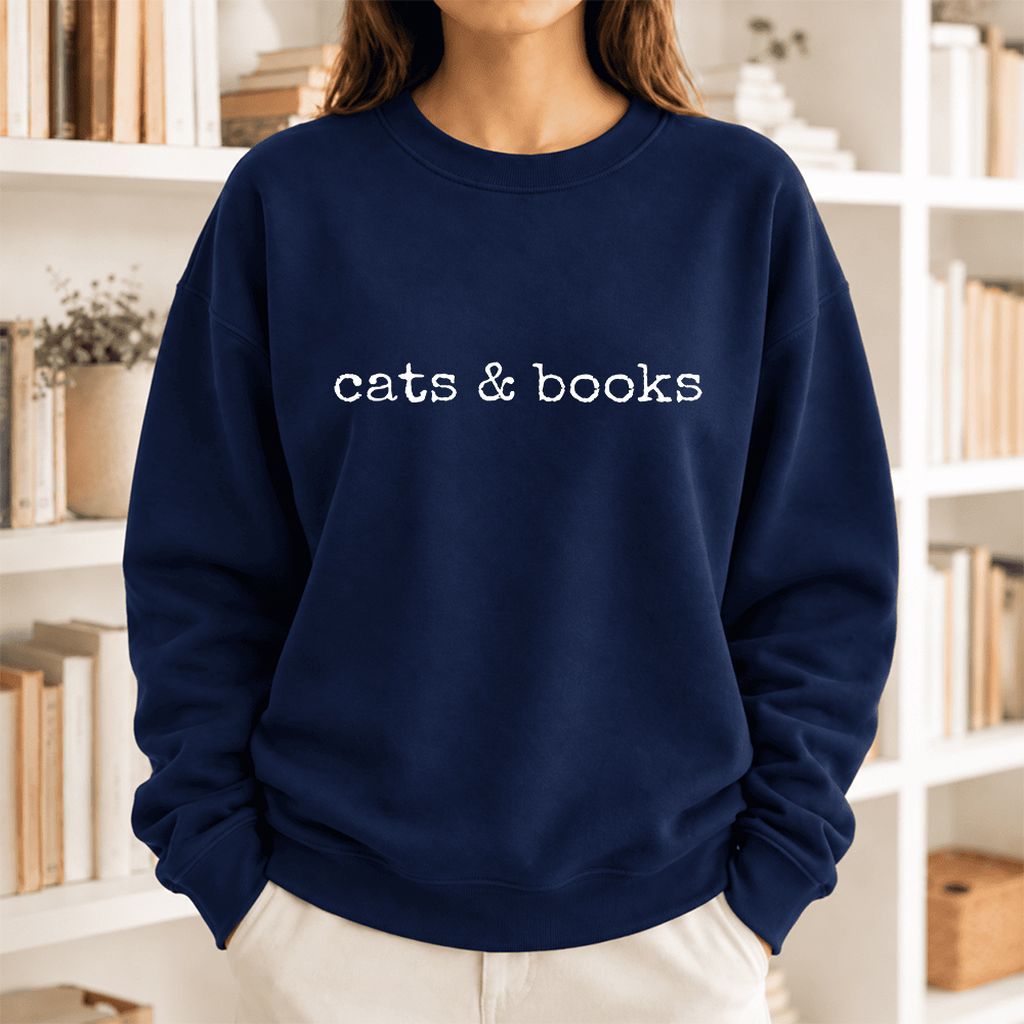 Cats & Books Softstyle Sweatshirt | Cozy Reader Gift Navy