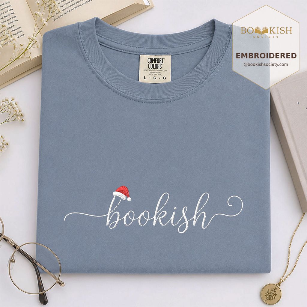 Bookish Embroidered T-Shirt | Christmas Reader Gift Blue Jean