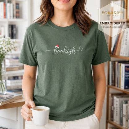 Bookish Embroidered T-Shirt | Christmas Reader Gift Moss