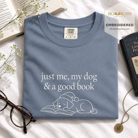 Just Me, My Dog & A Good Book Embroidered T-Shirt | Christmas Reader Gift Blue Jean
