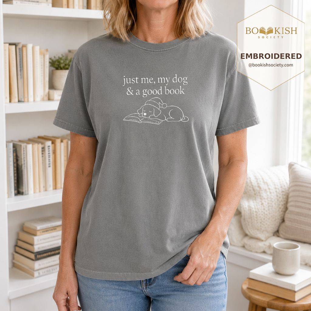 Just Me, My Dog & A Good Book Embroidered T-Shirt | Christmas Reader Gift Granite