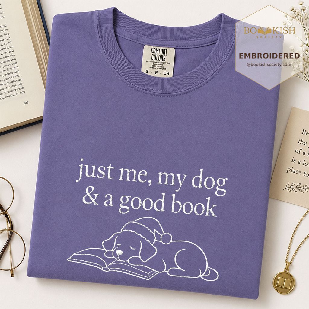 Just Me, My Dog & A Good Book Embroidered T-Shirt | Christmas Reader Gift Grape