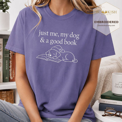 Just Me, My Dog & A Good Book Embroidered T-Shirt | Christmas Reader Gift Grape