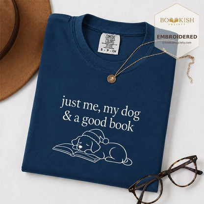 Just Me, My Dog & A Good Book Embroidered T-Shirt | Christmas Reader Gift Navy