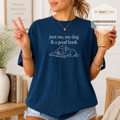 Just Me, My Dog & A Good Book Embroidered T-Shirt | Christmas Reader Gift Navy