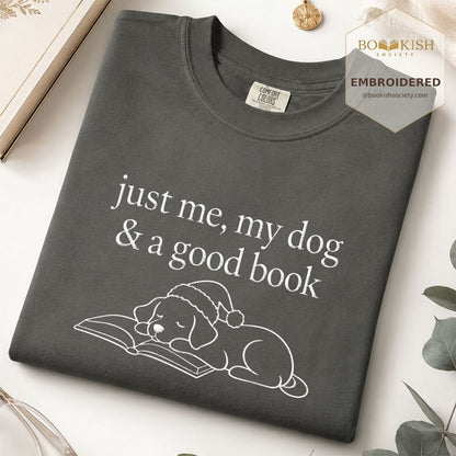 Just Me, My Dog & A Good Book Embroidered T-Shirt | Christmas Reader Gift Pepper