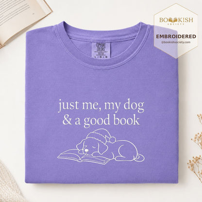 Just Me, My Dog & A Good Book Embroidered T-Shirt | Christmas Reader Gift Violet