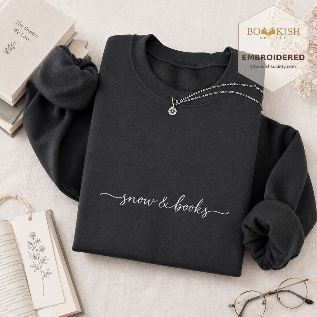 Snow & Books Embroidered Sweatshirt | Evergreen Reader Gift Dark Heather