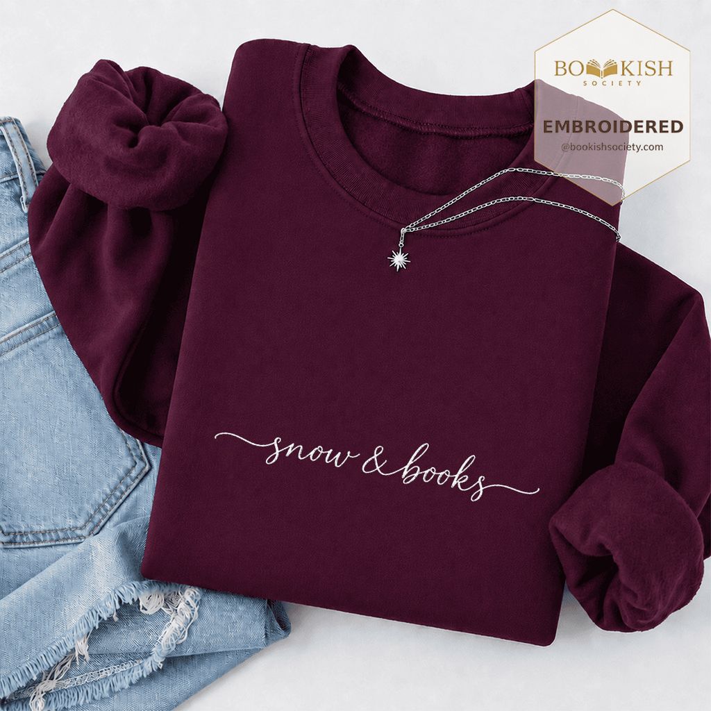 Snow & Books Embroidered Sweatshirt | Evergreen Reader Gift Maroon