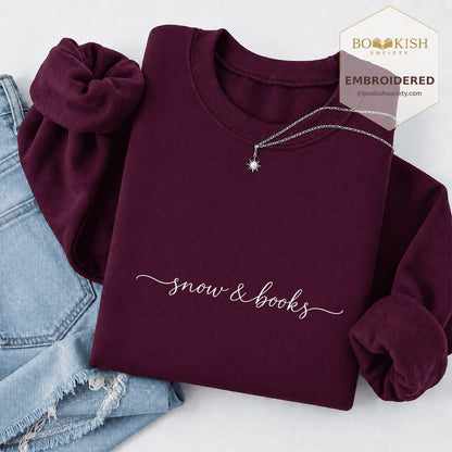 Snow & Books Embroidered Sweatshirt | Evergreen Reader Gift Maroon