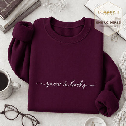 Snow & Books Embroidered Sweatshirt | Evergreen Reader Gift Maroon