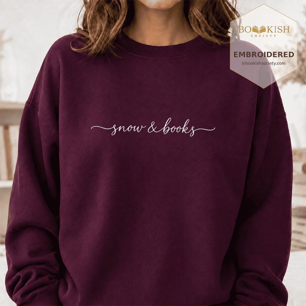 Snow & Books Embroidered Sweatshirt | Evergreen Reader Gift Maroon