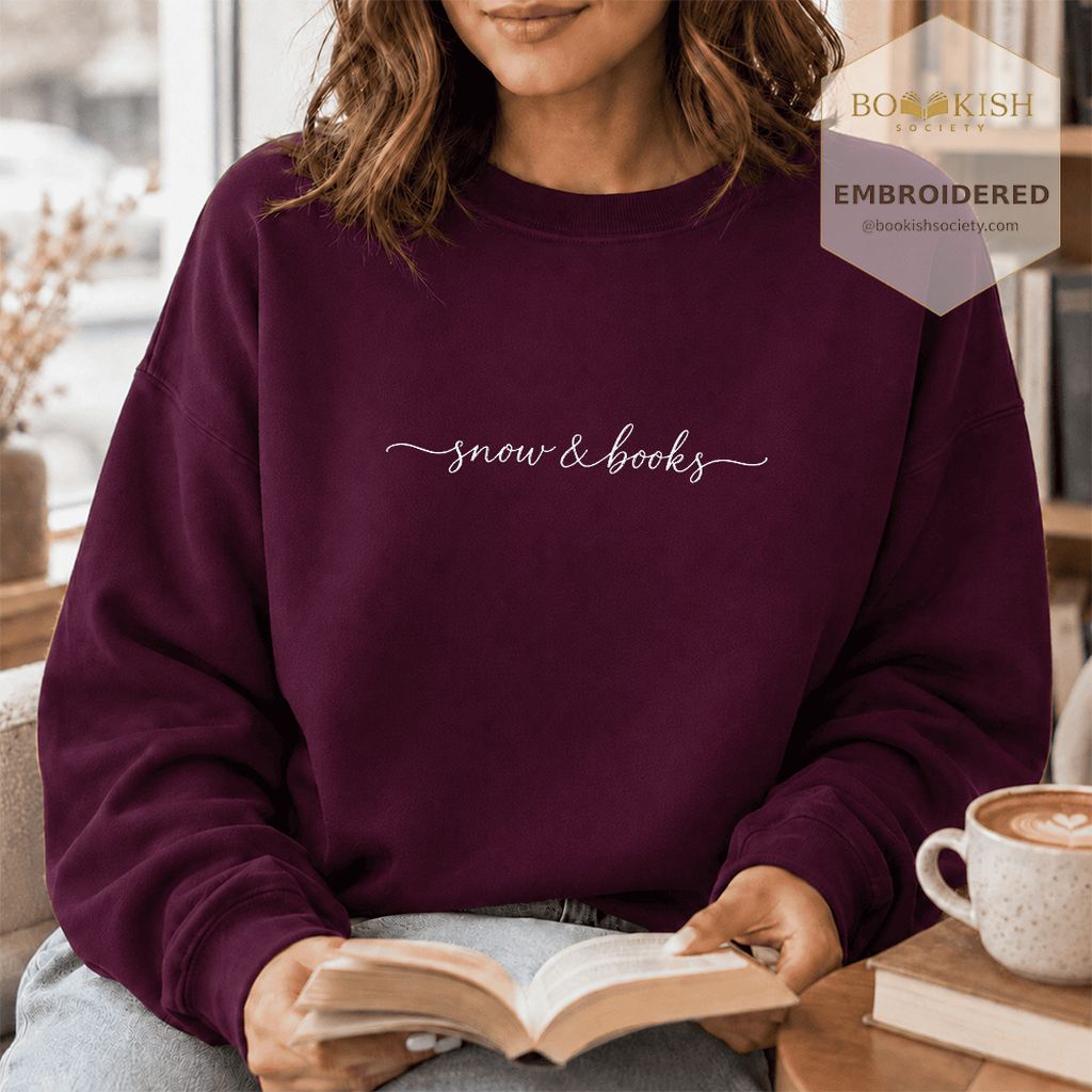 Snow & Books Embroidered Sweatshirt | Evergreen Reader Gift Maroon