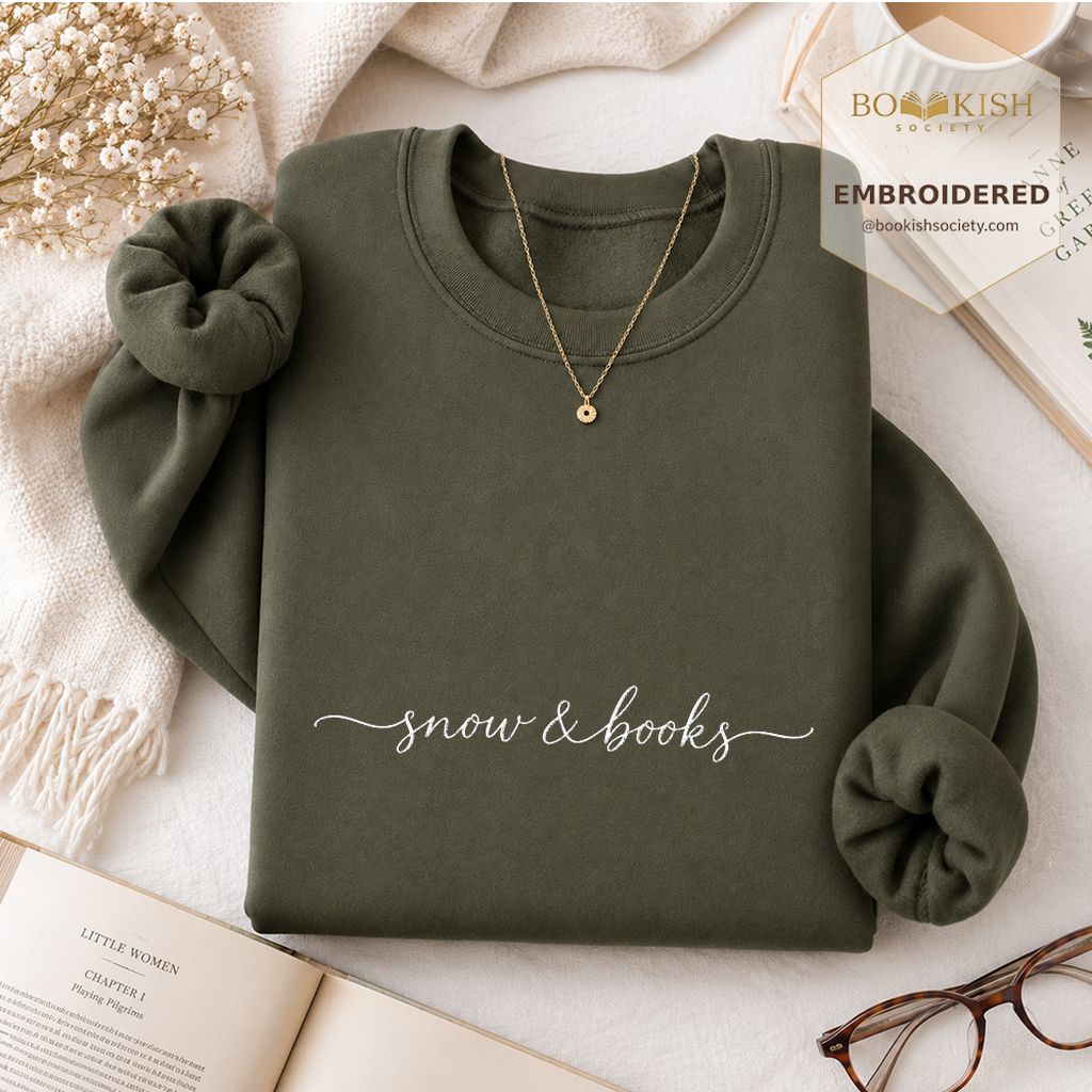 Snow & Books Embroidered Sweatshirt | Evergreen Reader Gift Military Green
