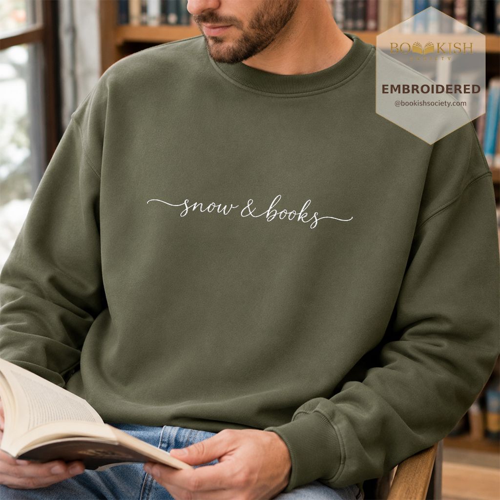 Snow & Books Embroidered Sweatshirt | Evergreen Reader Gift Military Green