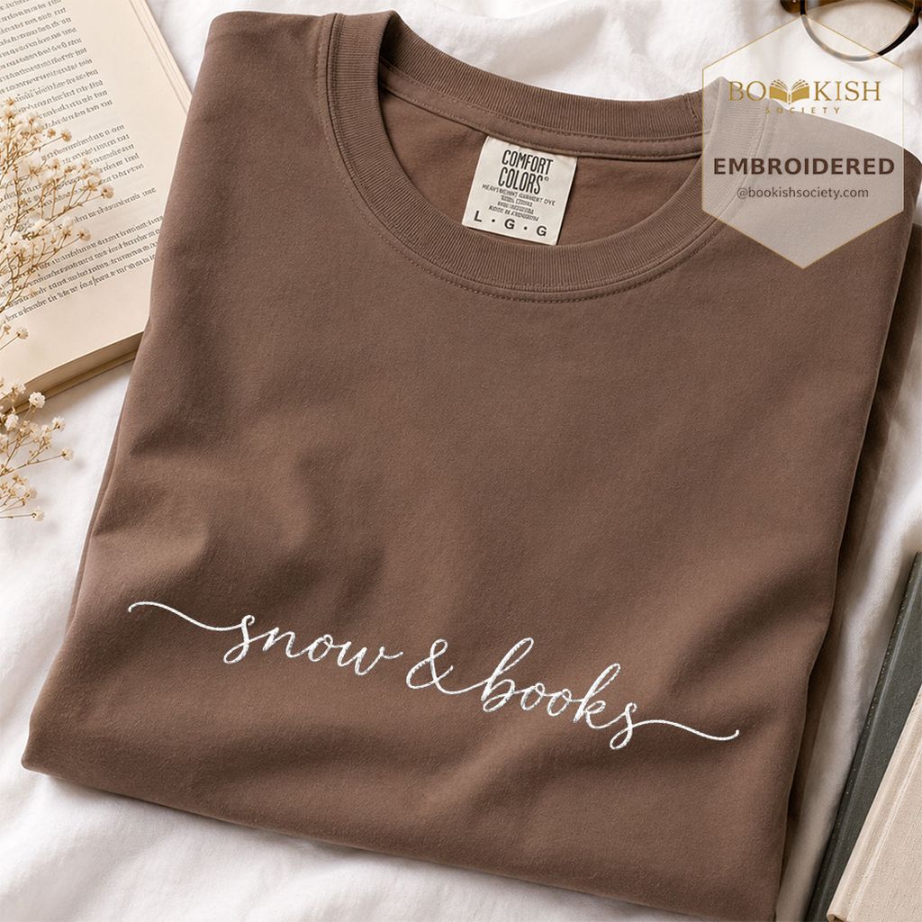 Snow & Books Embroidered T-Shirt | Evergreen Reader Gift Espresso