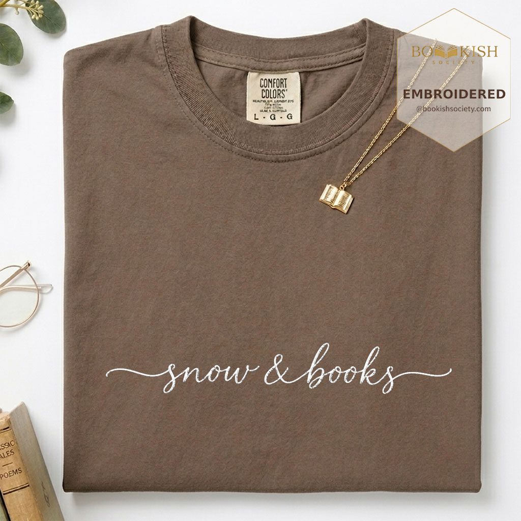 Snow & Books Embroidered T-Shirt | Evergreen Reader Gift Espresso