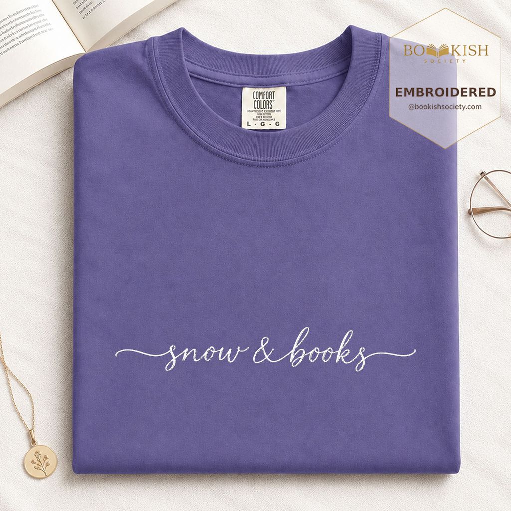Snow & Books Embroidered T-Shirt | Evergreen Reader Gift Grape