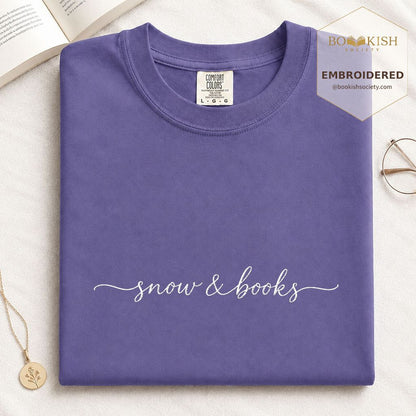 Snow & Books Embroidered T-Shirt | Evergreen Reader Gift Grape