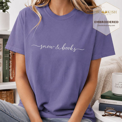 Snow & Books Embroidered T-Shirt | Evergreen Reader Gift Grape