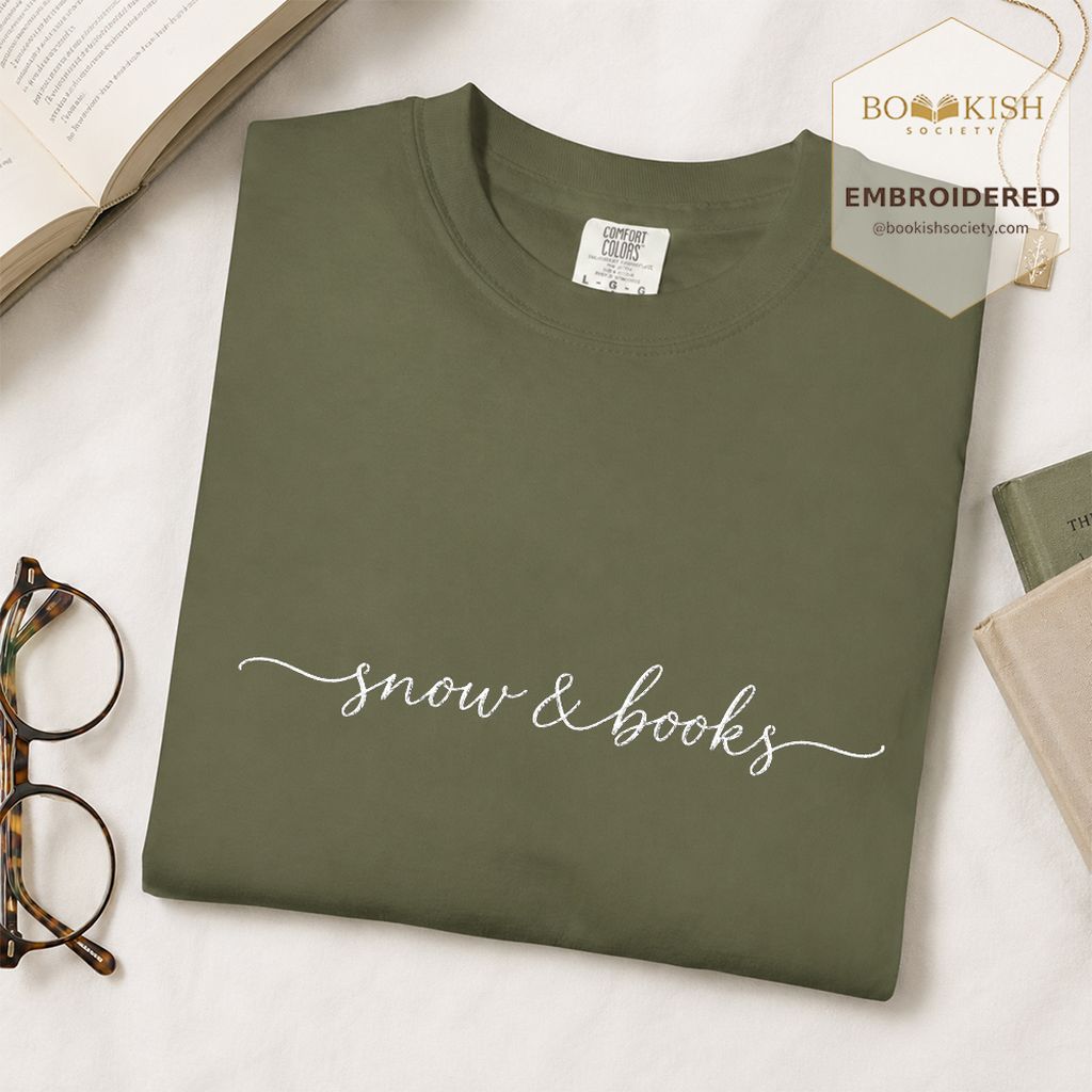 Snow & Books Embroidered T-Shirt | Evergreen Reader Gift Hemp