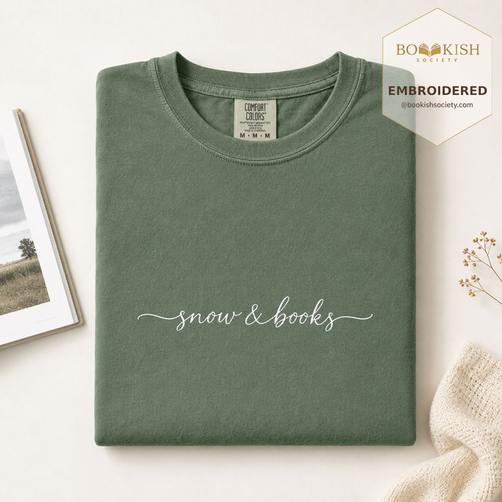 Snow & Books Embroidered T-Shirt | Evergreen Reader Gift Moss