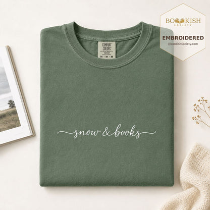 Snow & Books Embroidered T-Shirt | Evergreen Reader Gift Moss