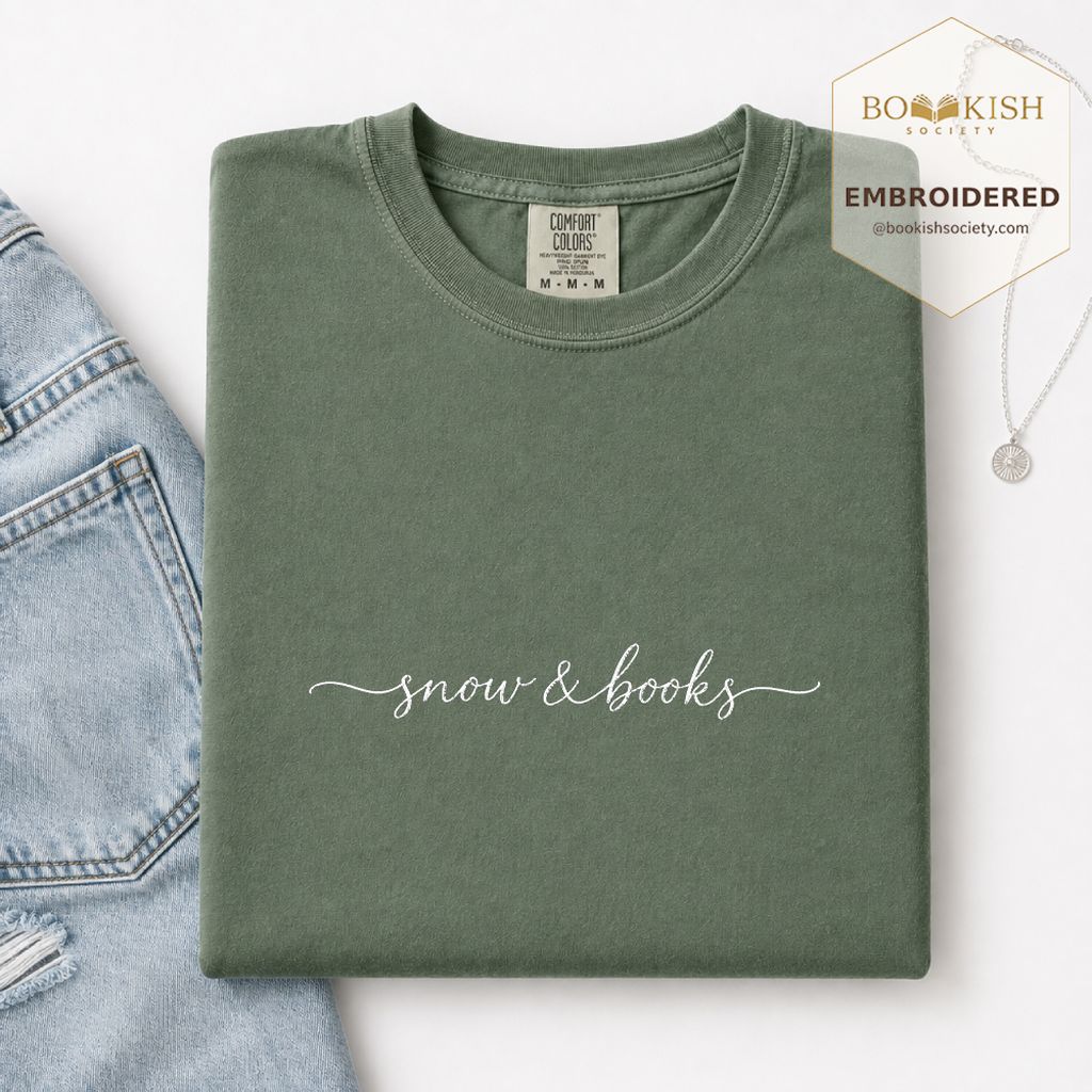 Snow & Books Embroidered T-Shirt | Evergreen Reader Gift Moss