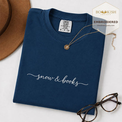 Snow & Books Embroidered T-Shirt | Evergreen Reader Gift Navy
