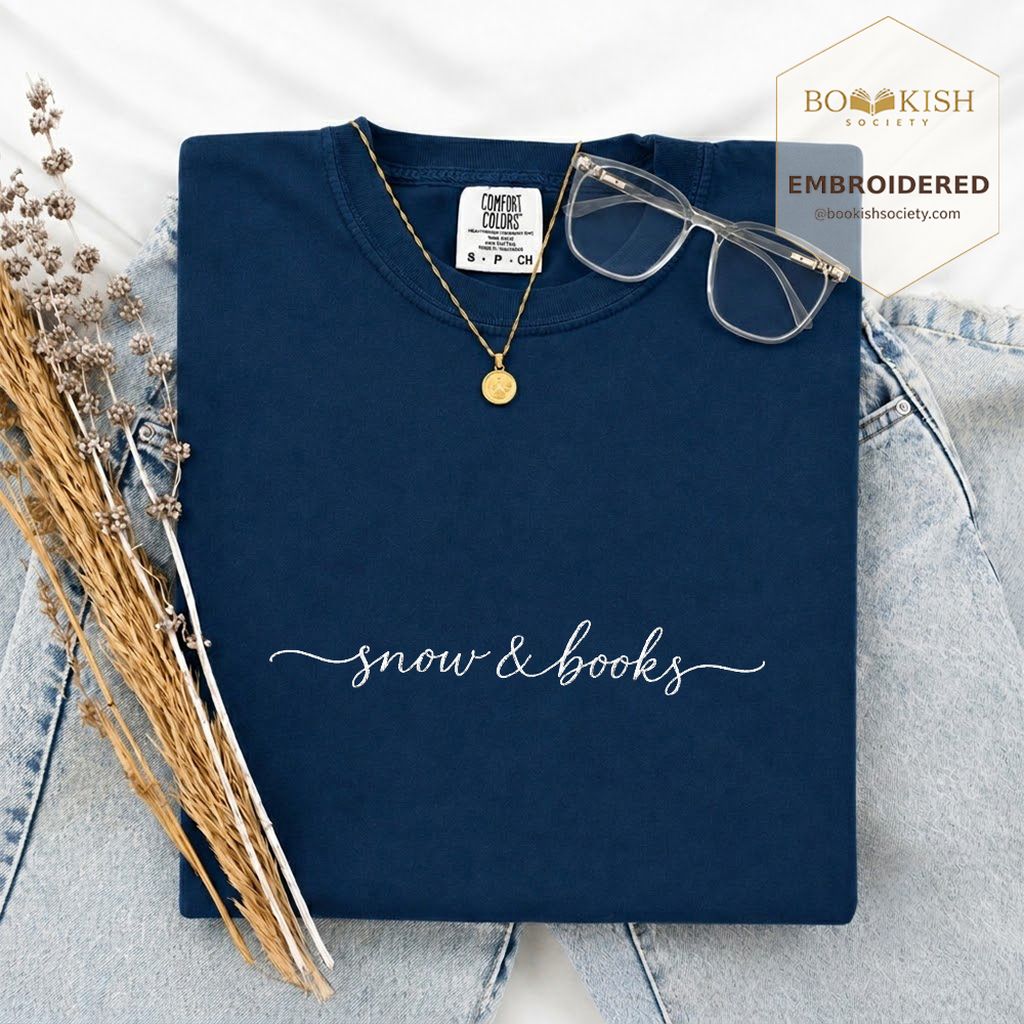 Snow & Books Embroidered T-Shirt | Evergreen Reader Gift Navy