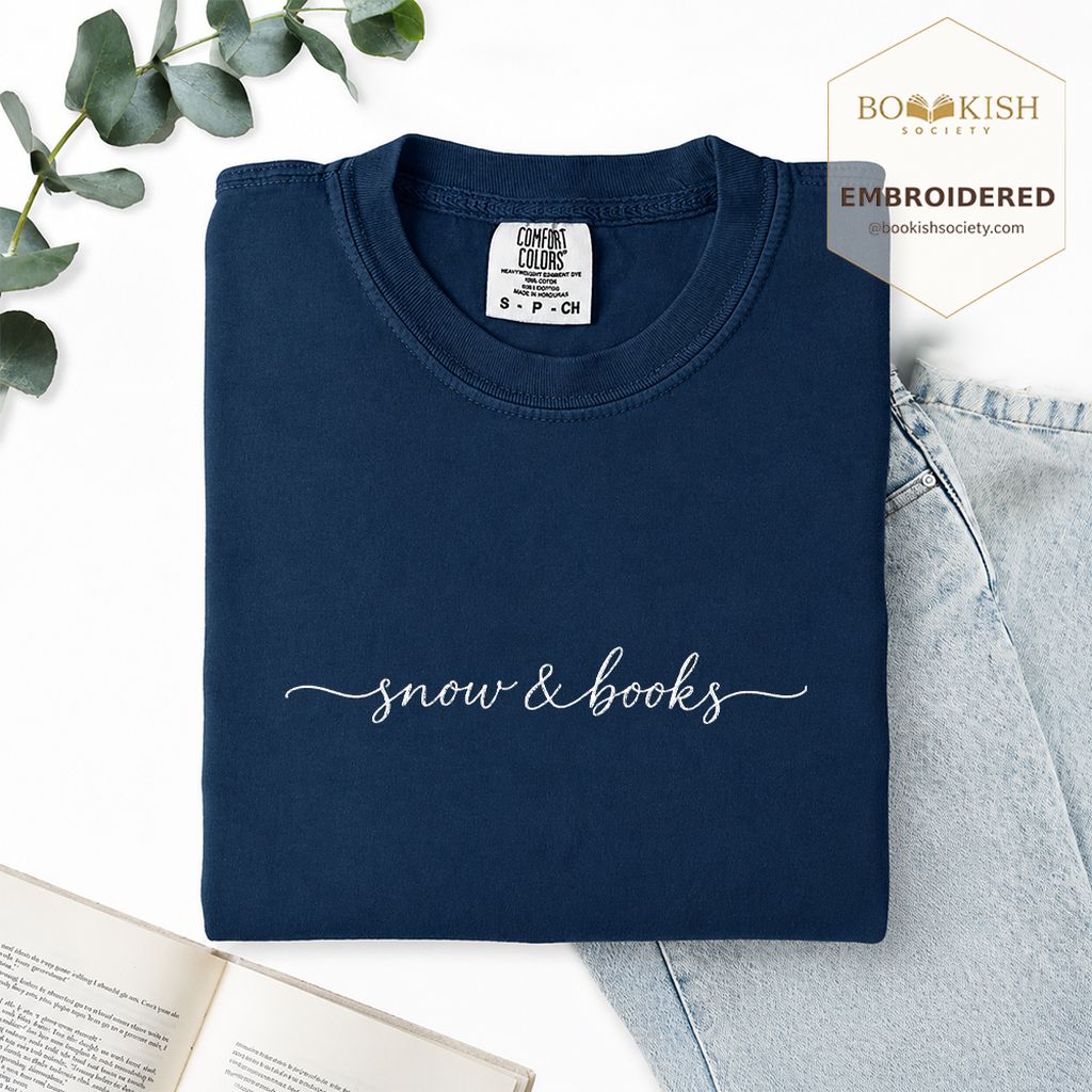 Snow & Books Embroidered T-Shirt | Evergreen Reader Gift Navy