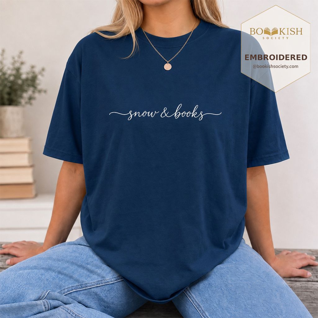 Snow & Books Embroidered T-Shirt | Evergreen Reader Gift Navy
