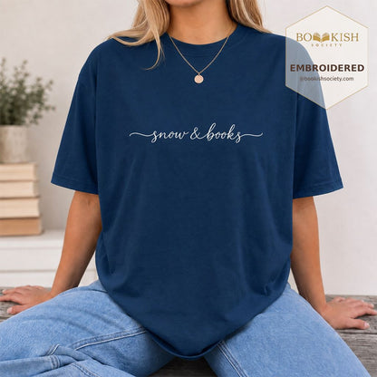 Snow & Books Embroidered T-Shirt | Evergreen Reader Gift Navy