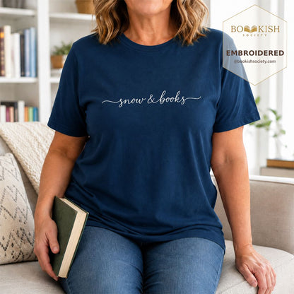 Snow & Books Embroidered T-Shirt | Evergreen Reader Gift Navy