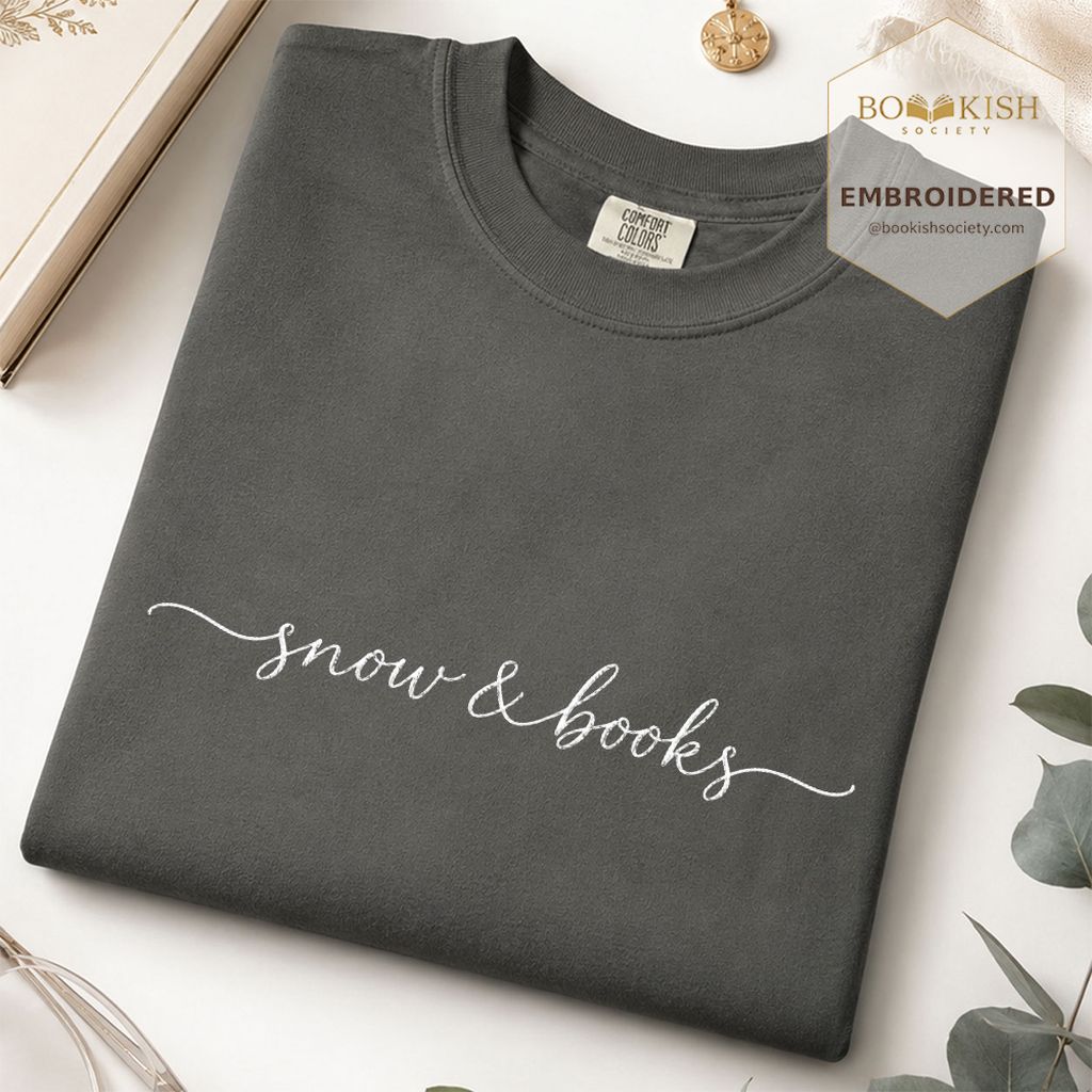 Snow & Books Embroidered T-Shirt | Evergreen Reader Gift Pepper