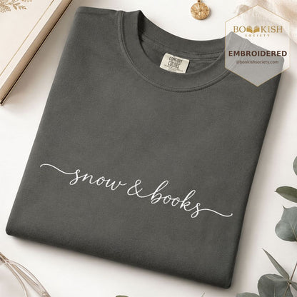 Snow & Books Embroidered T-Shirt | Evergreen Reader Gift Pepper