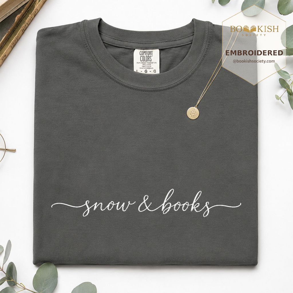 Snow & Books Embroidered T-Shirt | Evergreen Reader Gift Pepper