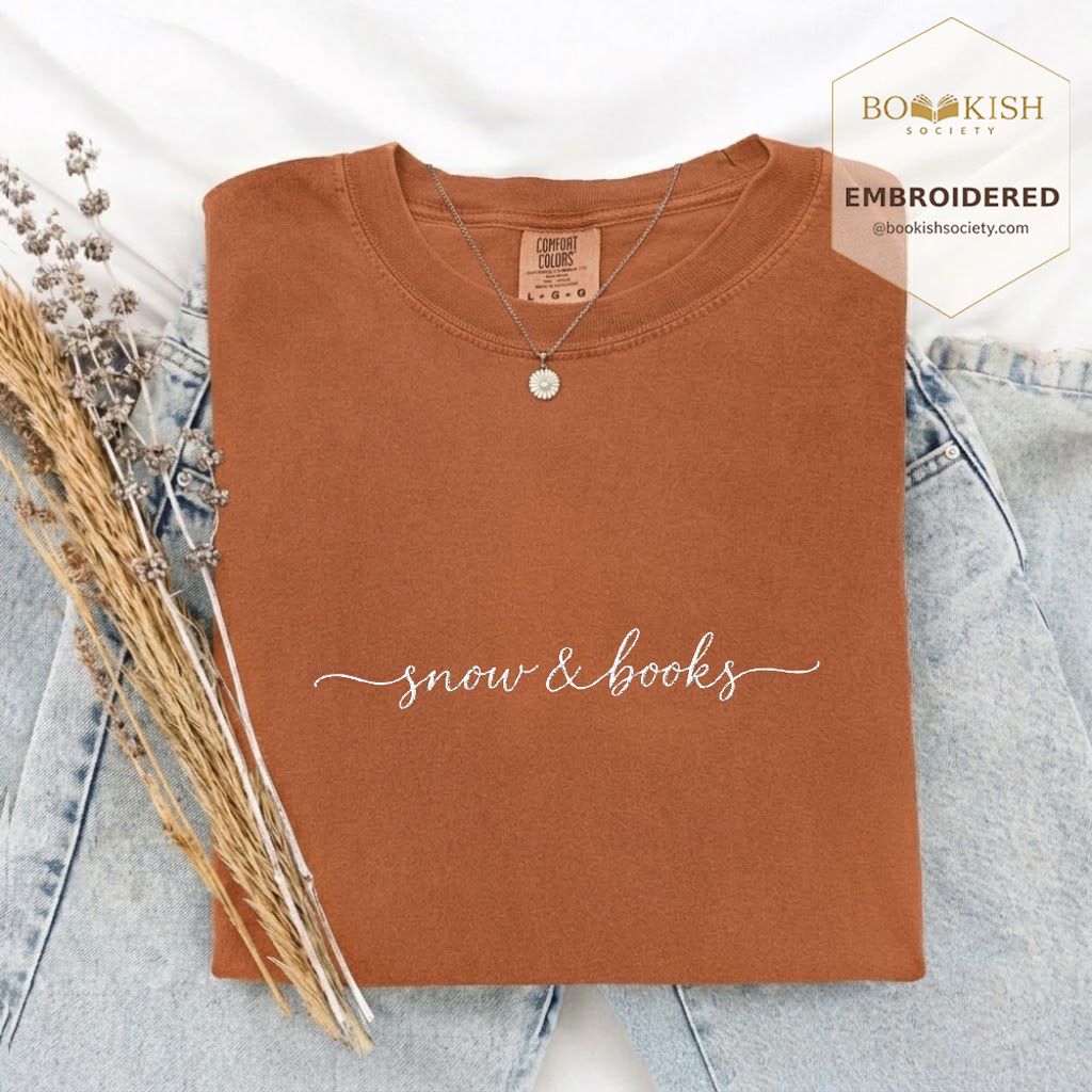 Snow & Books Embroidered T-Shirt | Evergreen Reader Gift Yam