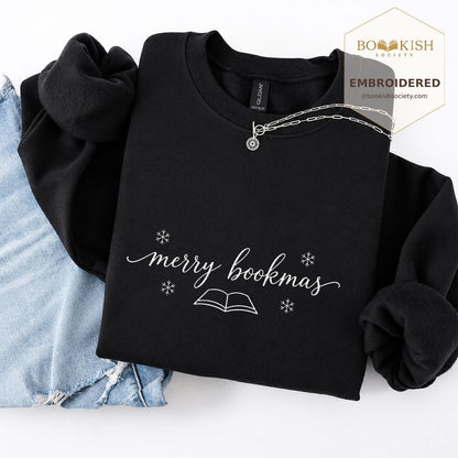 Merry Bookmas Embroidered Sweatshirt | Christmas Reader Gift Black