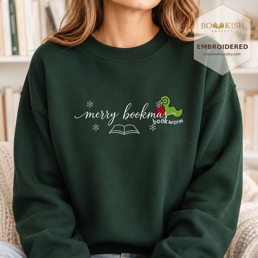 Merry Bookmas Embroidered Sweatshirt | Christmas Reader Gift Forest Green