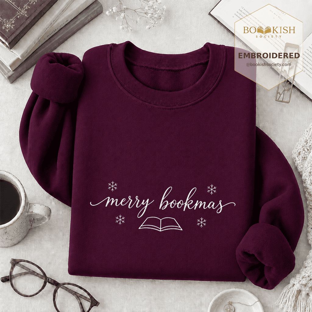 Merry Bookmas Embroidered Sweatshirt | Christmas Reader Gift Maroon