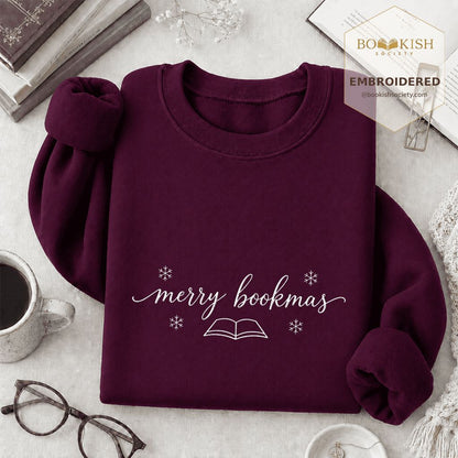 Merry Bookmas Embroidered Sweatshirt | Christmas Reader Gift Maroon