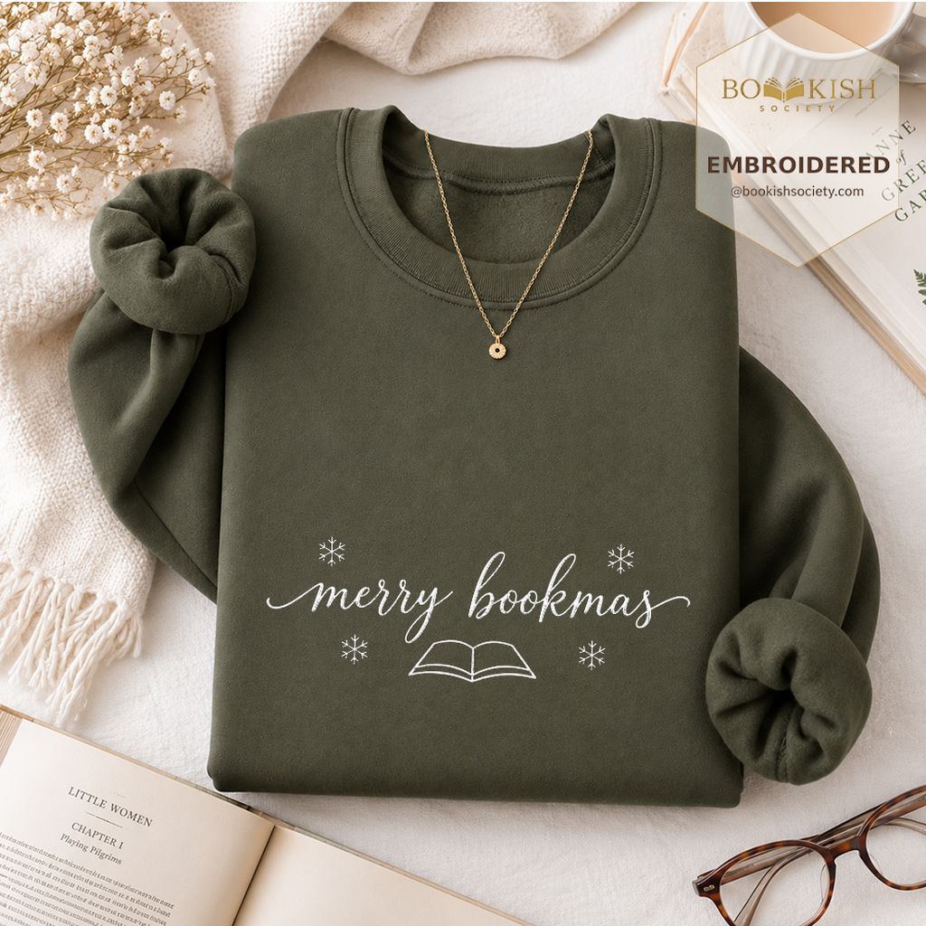 Merry Bookmas Embroidered Sweatshirt | Christmas Reader Gift Military Green