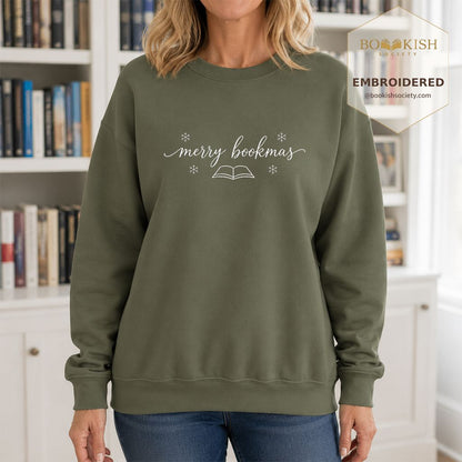 Merry Bookmas Embroidered Sweatshirt | Christmas Reader Gift Military Green