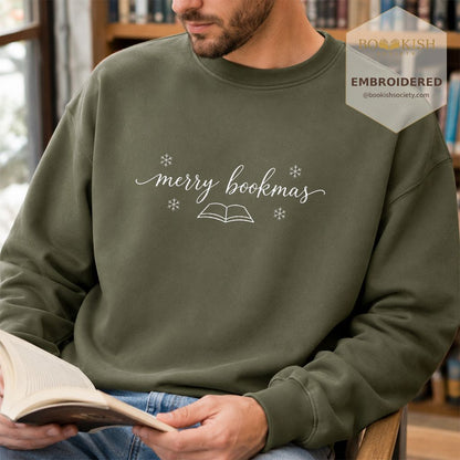Merry Bookmas Embroidered Sweatshirt | Christmas Reader Gift Military Green